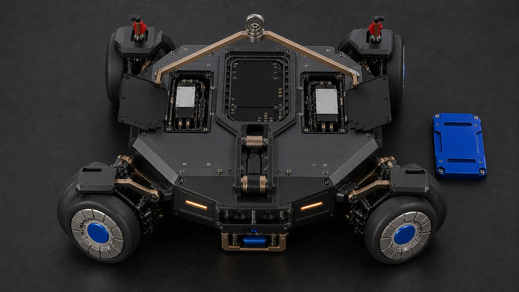Top service view of Bridge Crawler with battery cassette removed and sealed hatches open