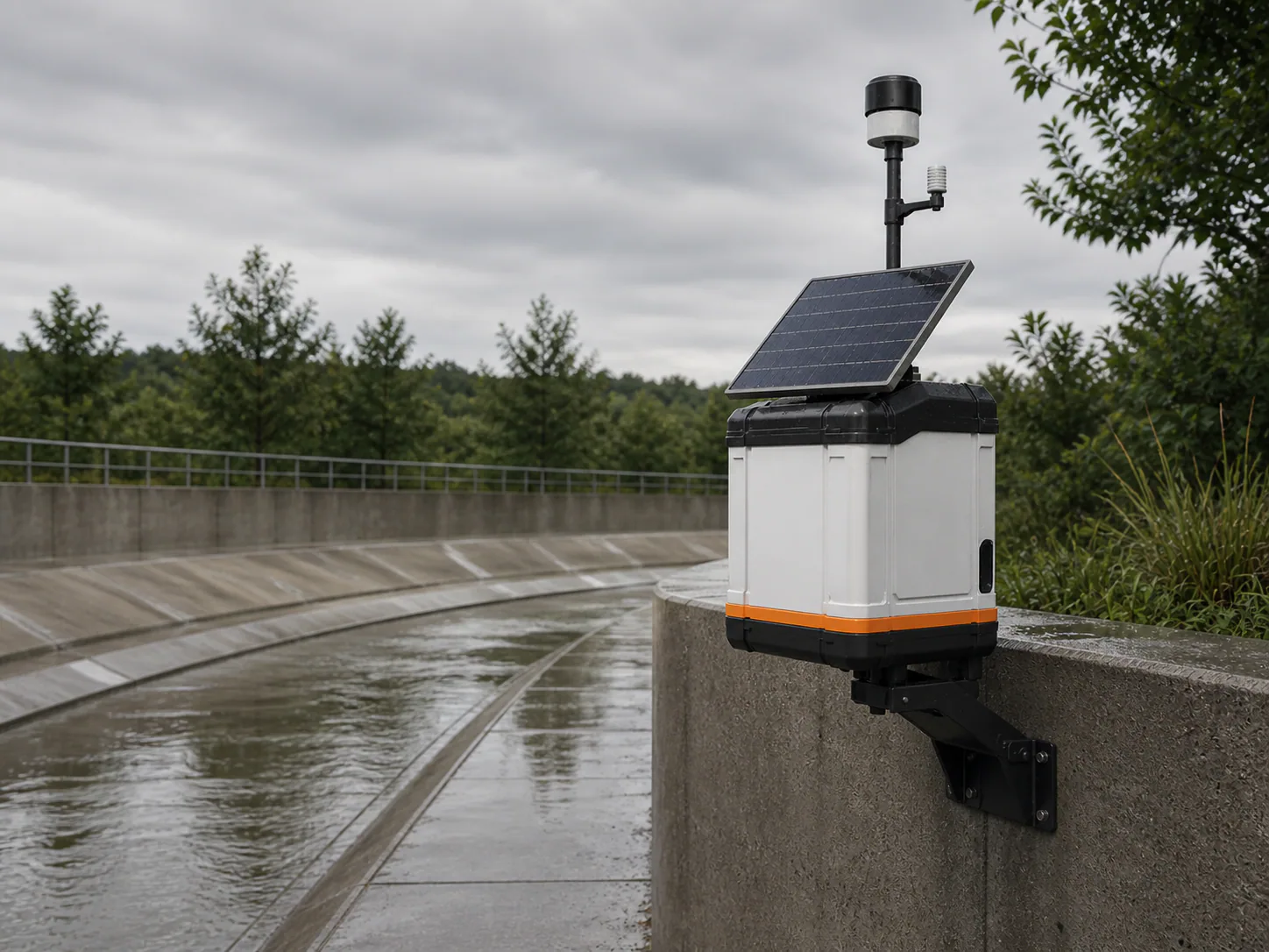 AI-generated Flood Eye concept beside a generic drainage channel after rain