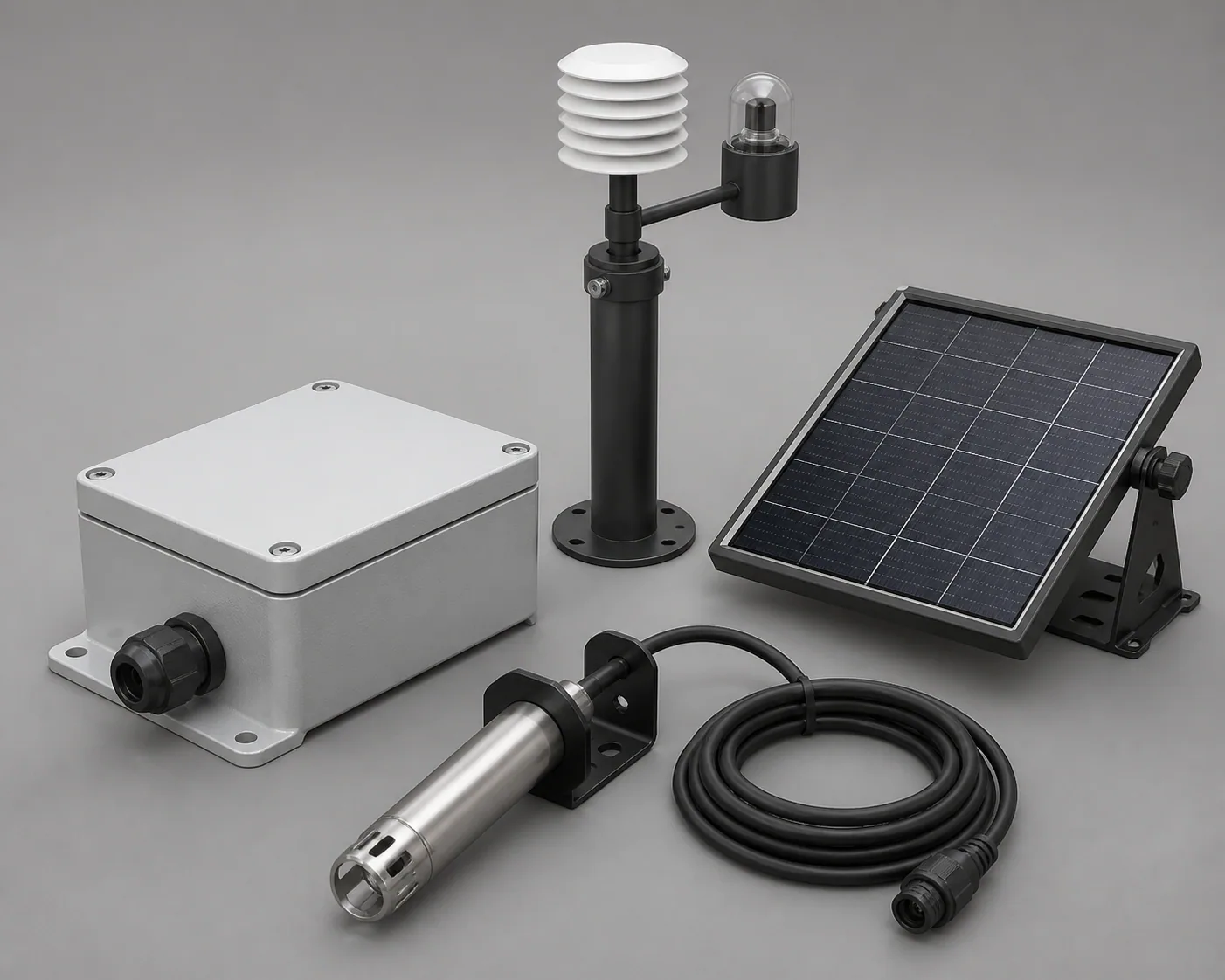 AI-generated Flood Eye concept component study with enclosure sensor mast solar panel and probe