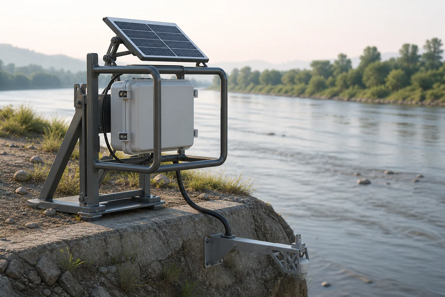 AI-generated Flood Eye concept render of a guarded solar mounting frame beside a waterway