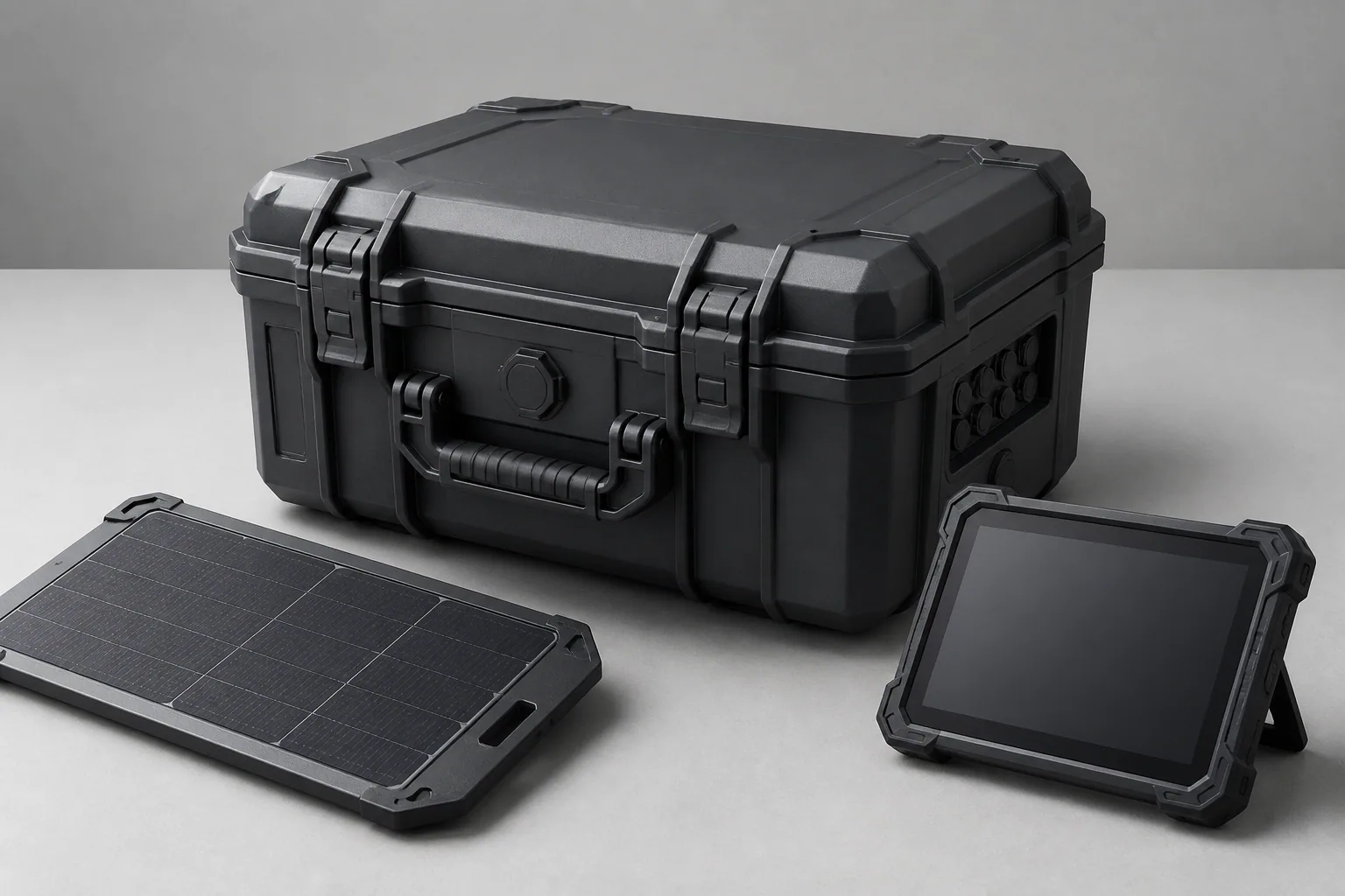 AI-generated concept render of a closed portable learning hub case with solar panel and blank display
