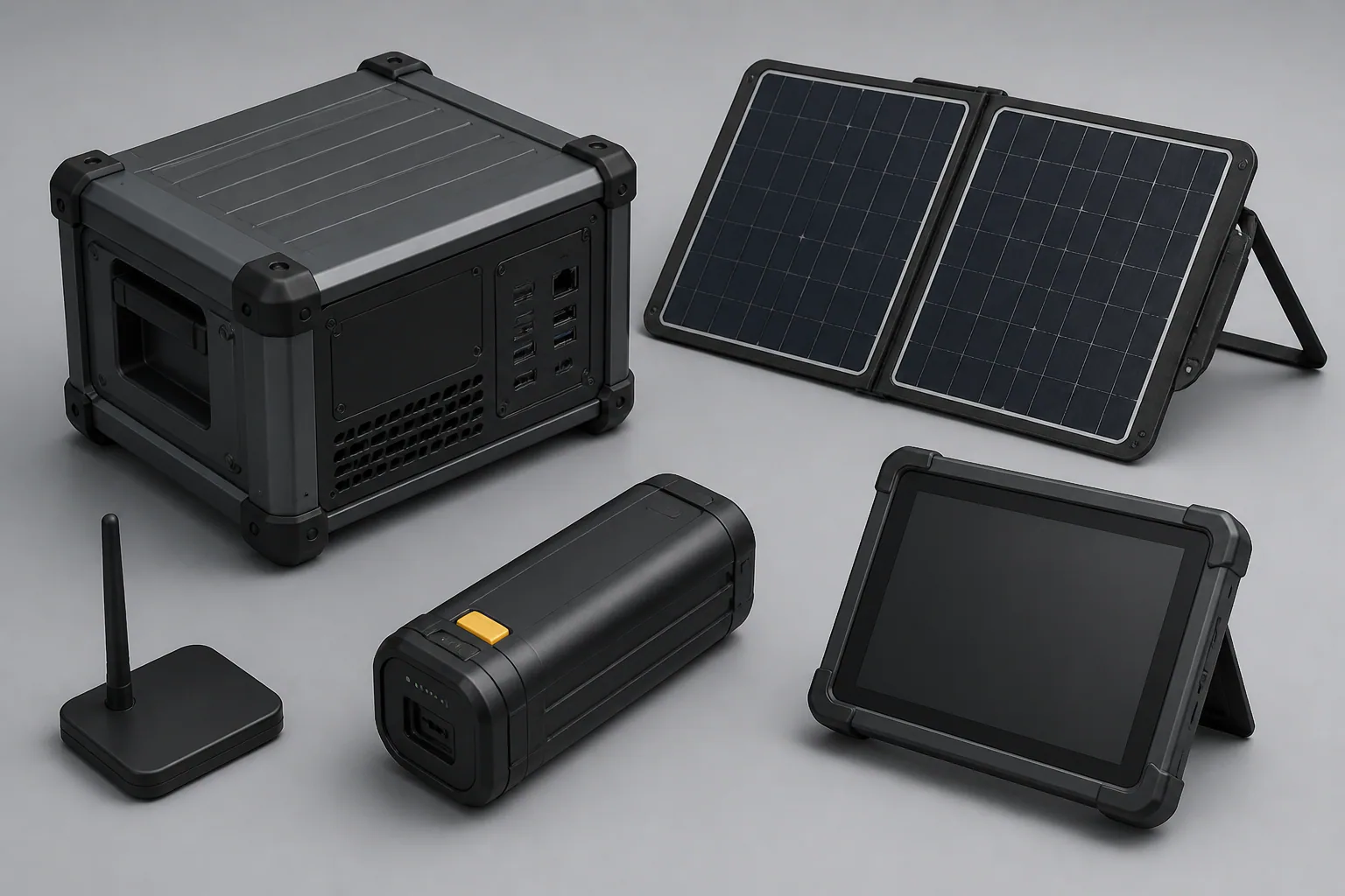 AI-generated concept layout of learning hub enclosure solar panel power module and blank display