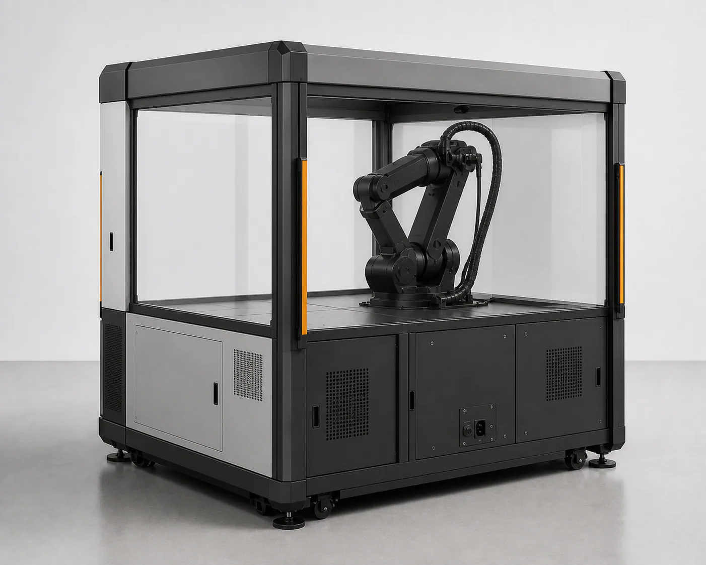 AI-generated rear service-panel concept for an inactive guarded robotic work cell