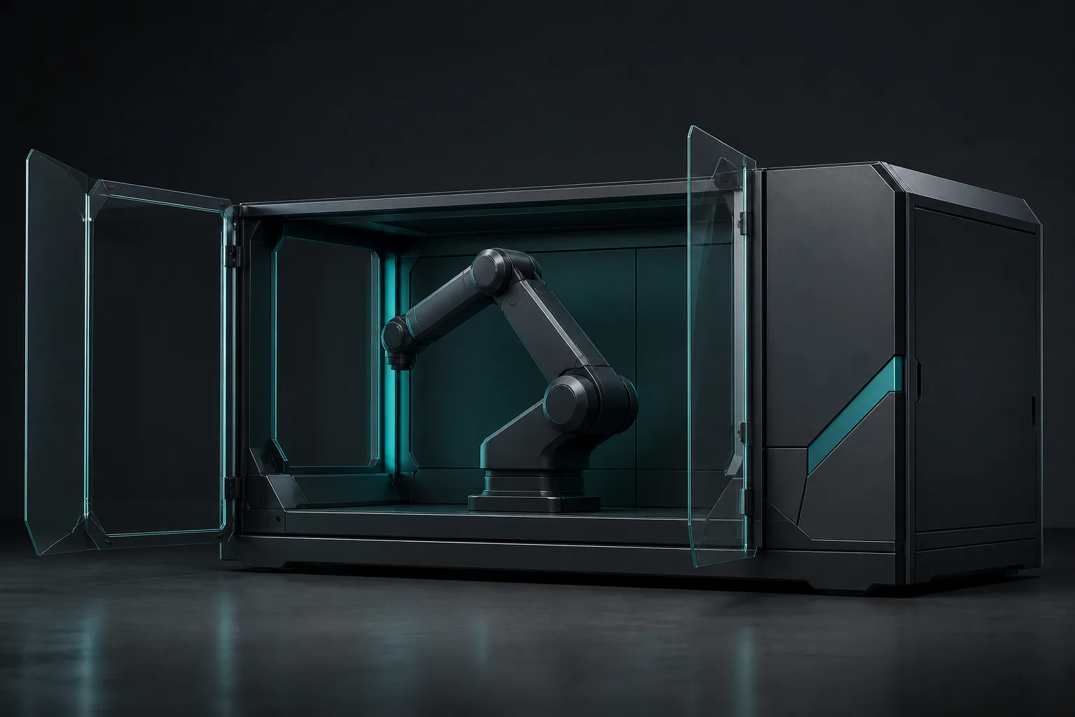 AI-generated concept render of a parked arm inside an open inactive work cell