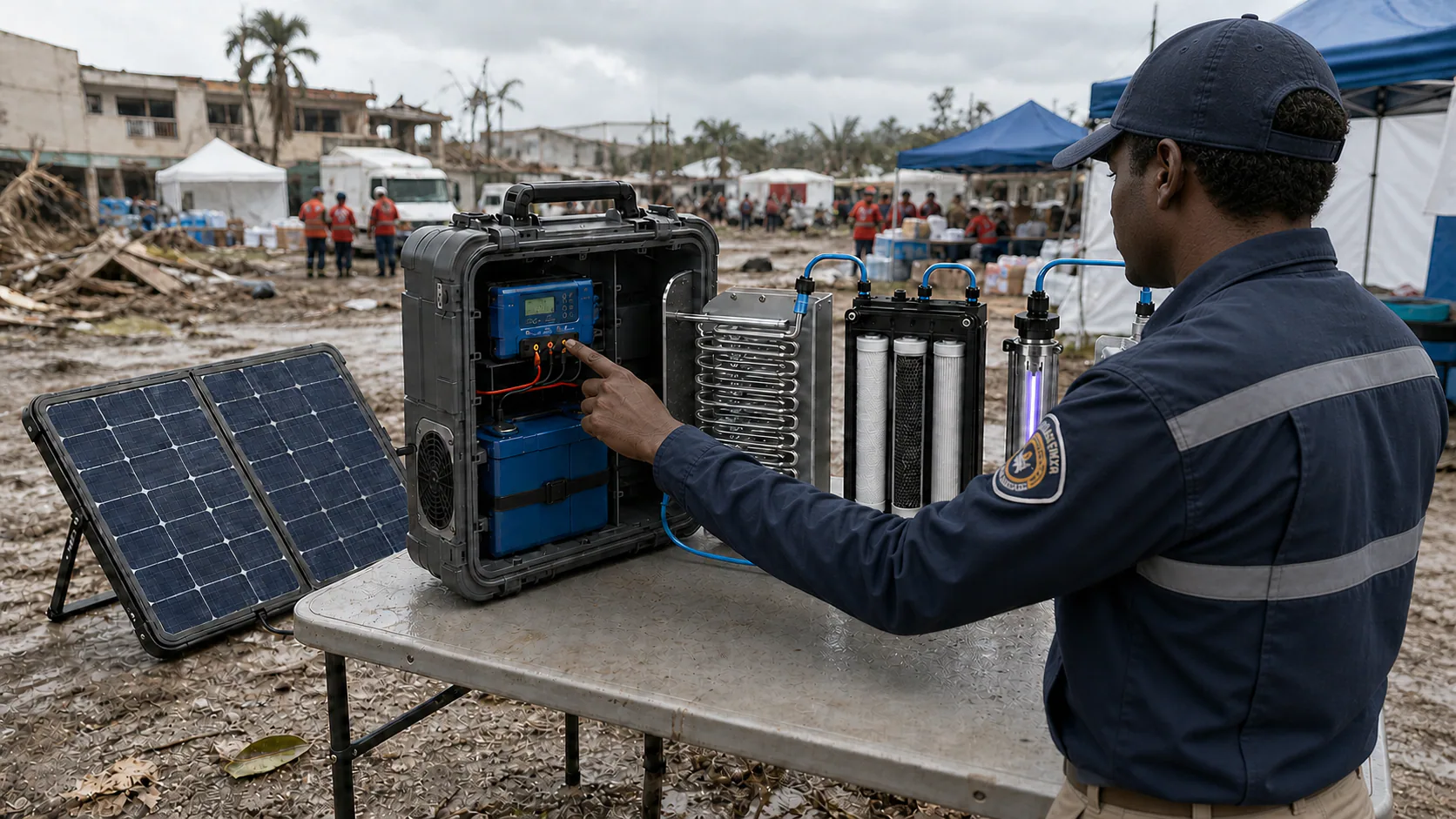 AtmosPouch concept operated by a Black emergency-response technician in a generic disaster logistics setting