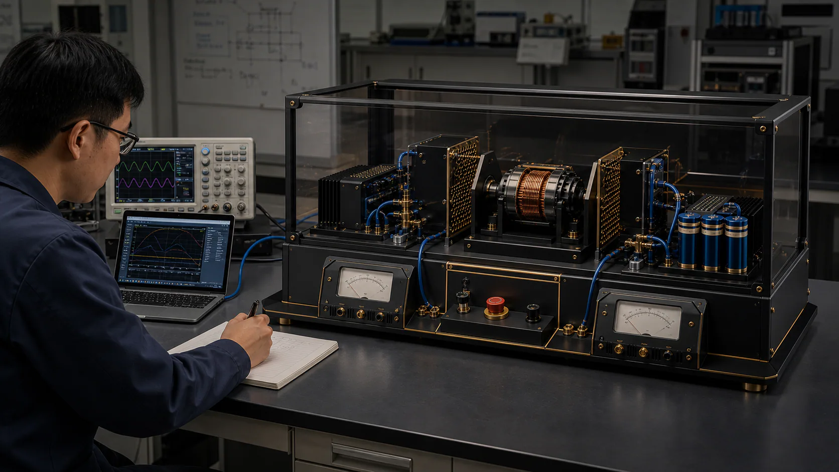 PMO Exergy Core concept beside independent laboratory measurement instruments