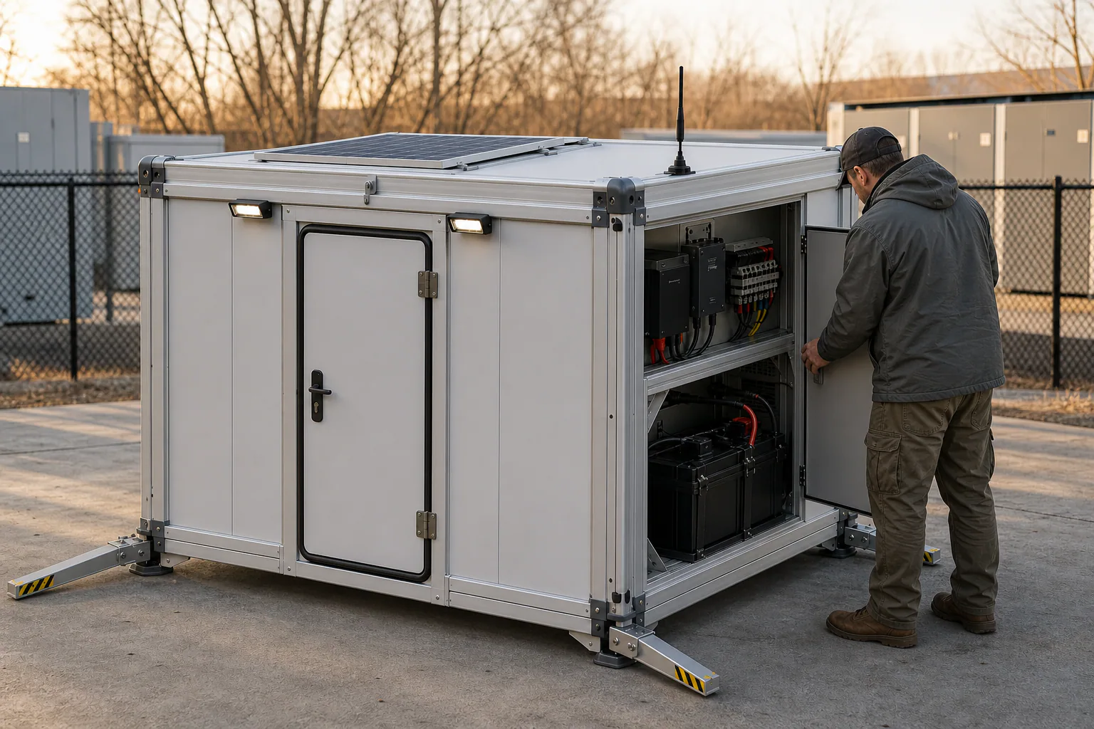 Technician beside Rapid Shelter Node concept