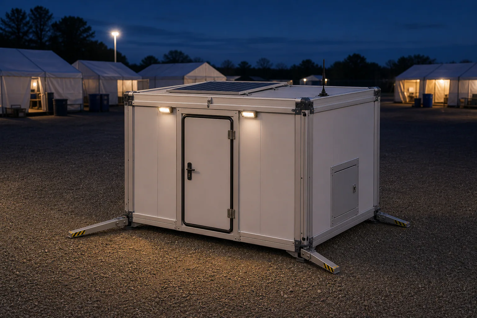 Rapid Shelter Node concept at dusk on stabilizer feet