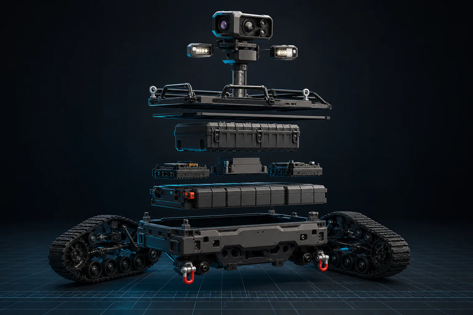 Exploded ROAM SAR rover concept showing chassis, tracks, battery and sensor mast