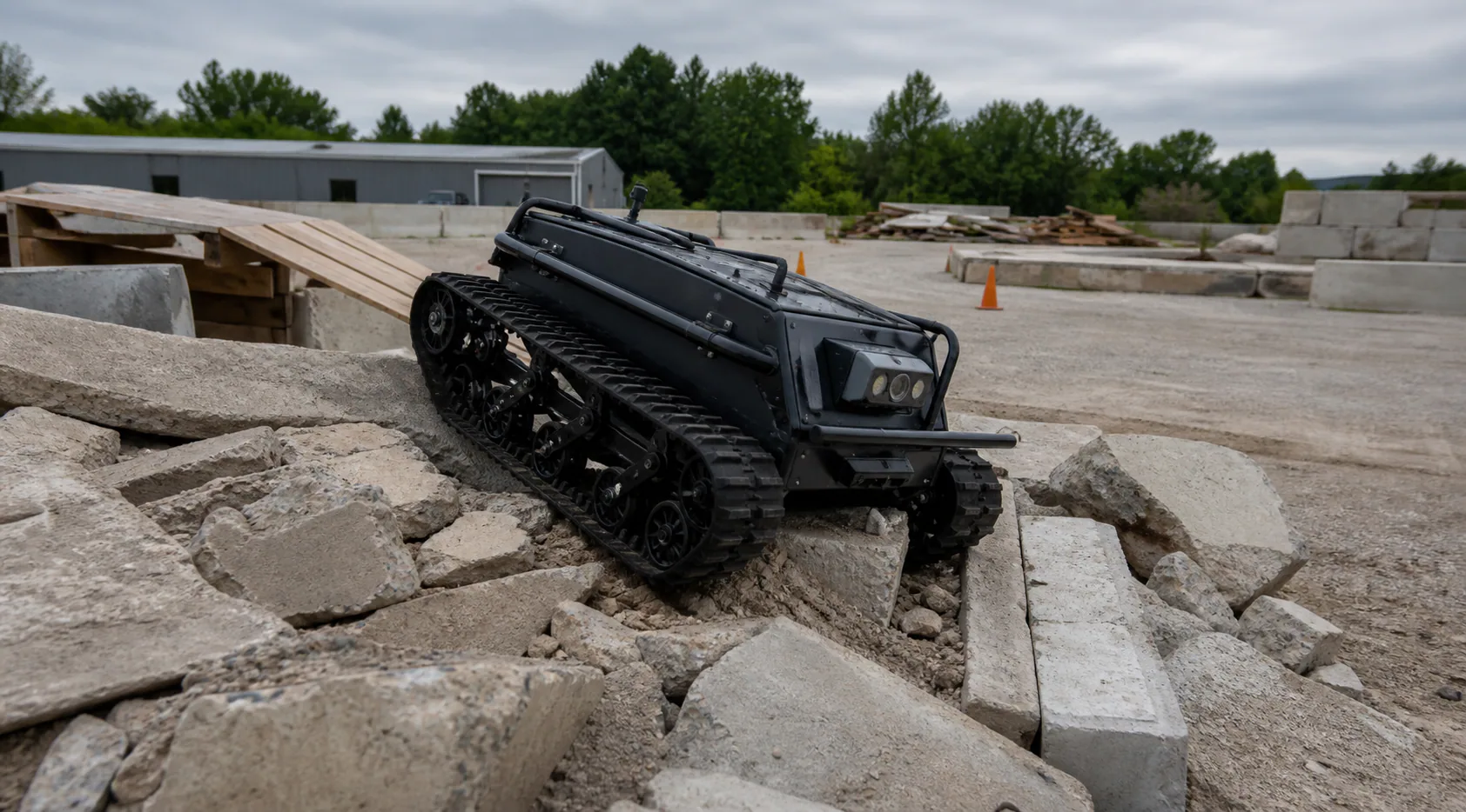 ROAM SAR rover concept crossing a controlled rubble obstacle course
