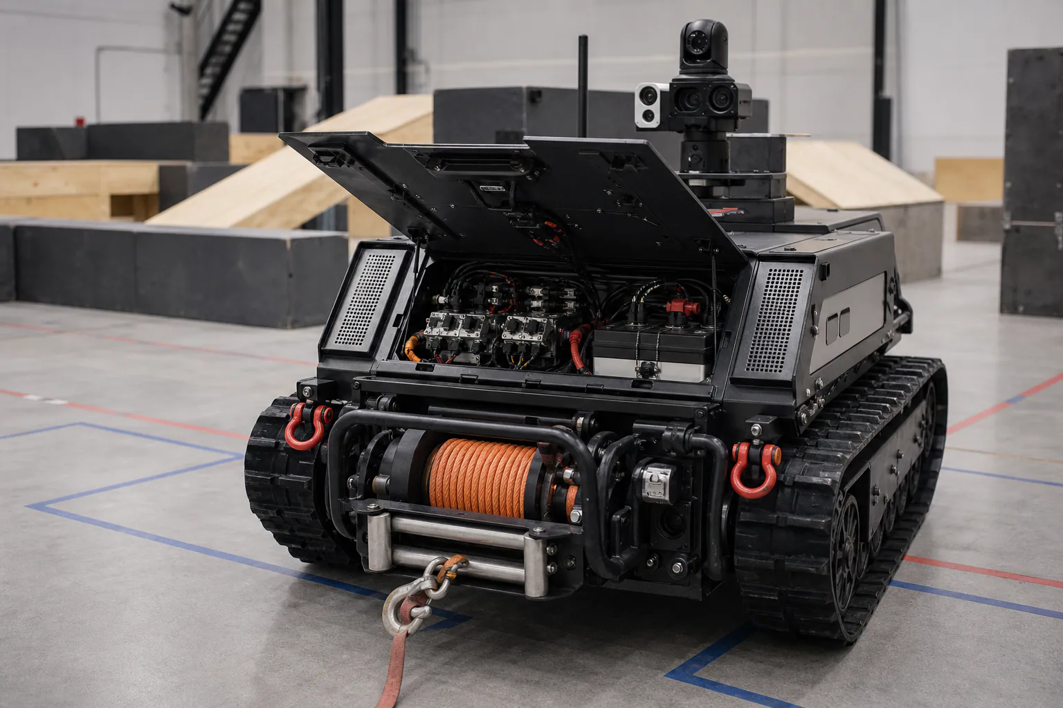 ROAM SAR rover concept with open service bay and tether spool